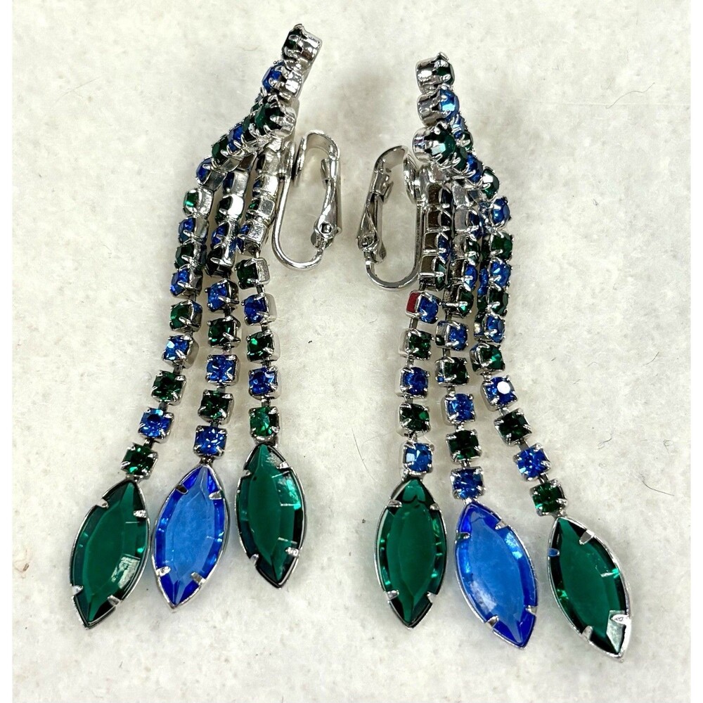 Vintage Juliana D&E Attributed Blue Green Rhinestone Waterfall Clip Earrings